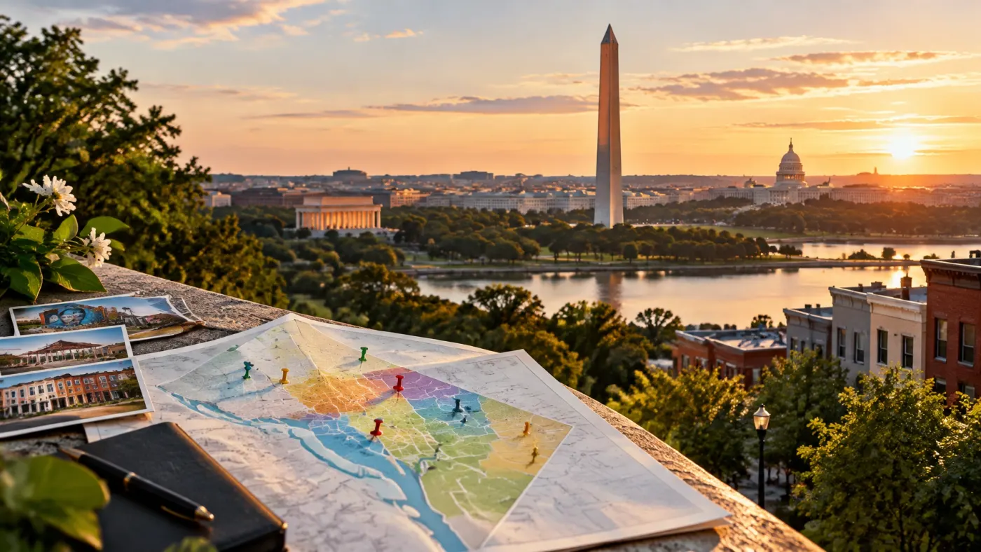 A map of Washington, DC on a rooftop overlooking the Monument and Capitol at sunset